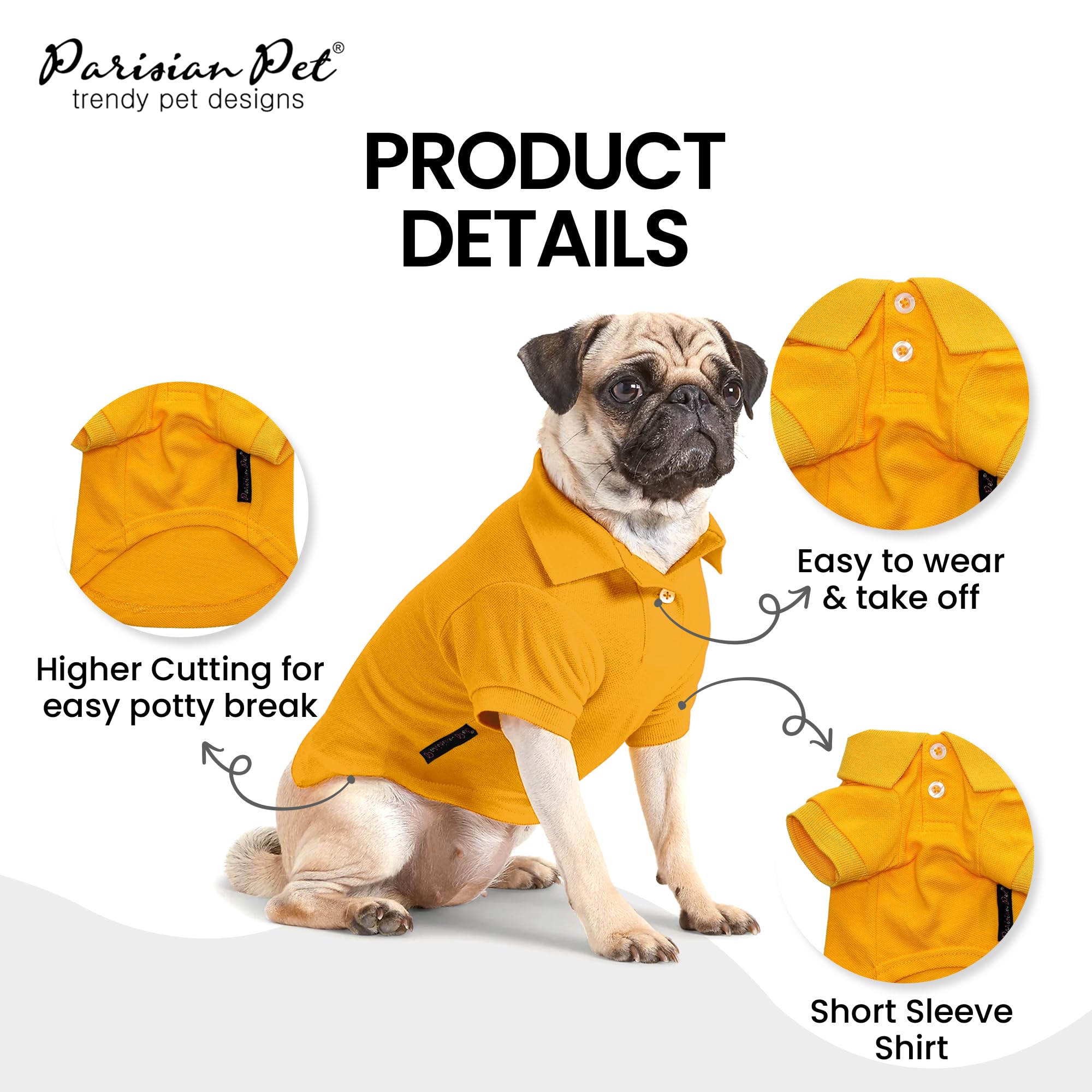 Parisian Pet Dog Polo Shirts - Breathable Dog Cotton Shirt - Solid Yellow Color, Summer Pullover Dog Clothes - Button Up Collar